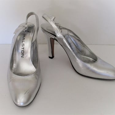 Vintage 1970s Halston Silver Slingback Pumps, High Heel Shoes, 8 1/2N Women 
