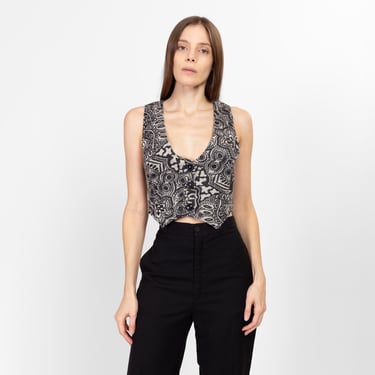 XS 80s Black & White Abstract Knit Crop Top Vest | Vintage Floral Paisley Button Up Cropped V Neck Shirt 