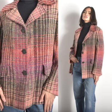 Vintage 1990s Jacket / 90s Missoni Plaid Wool Blazer / Pink Brown ( M L ) 