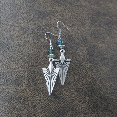 Mid century modern earrings, minimalist earrings, simple unique artisan earrings, gypsy earrings, antique silver earrings, teal crystal 
