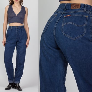 Vintage Lee High Waist Mom Jeans - Medium, 28" | 80s 90s Dark Wash Denim Pleated Tapered Leg Jeans 