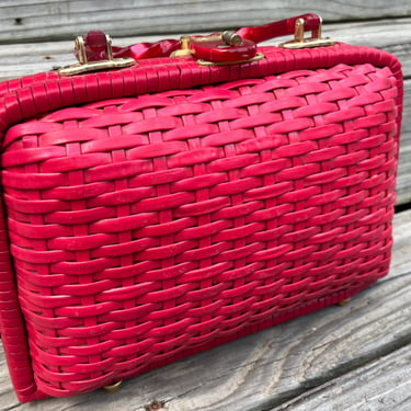 vintage red basket purse 1960s woven lucite hand handbag 