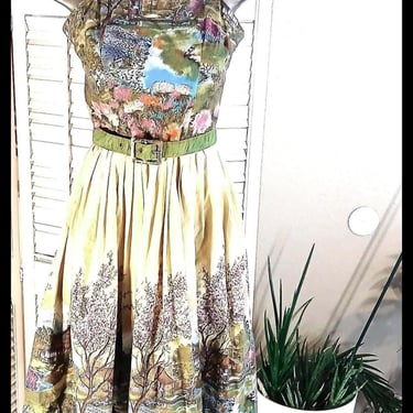 Vintage 50s Cotton Pleated Scenic Border Print Sundress / Original Belt / Bolero Jacket set / S/ M 