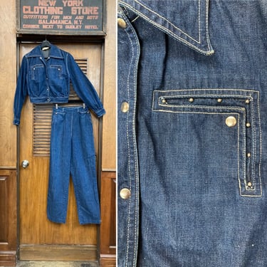 Vintage 1950’s Denim Studded Ranchwear 2 Piece Rockabilly Jacket & Side Zip Jean, Vintage Pant Suit, 1970s, Vintage Denim, Vintage Two Piece 