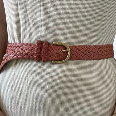 Vintage Womens Pink Leather Braided Solid Brass Buckle Western Hippy Belt Sz L 
