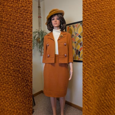 Vintage 1960s Burnt Orange Wool 2-piece Suit Button Jacket and Straight Pencil Skirt / Early 60s Mad Men Jackie Kennedy Jackie-O Winter 