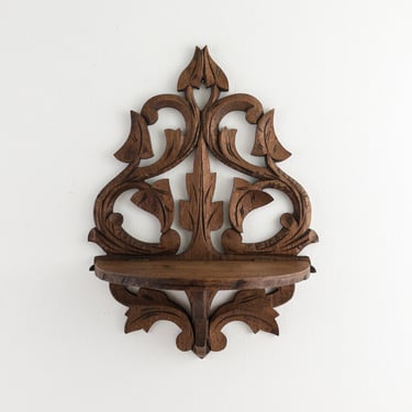 Antique Carved Fretwork Wood Wall Shelf, Small Scrolled Wood Hanging Shelf with Leaf Design 
