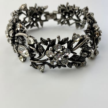 1950's Rhinestone Bracelet - Signed CORO  - Silver Metal Leaf Design with a Blackened Patina - 7 Inches Long 