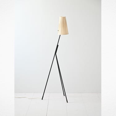 Vintage Black Tripod Floor Lamp – Cylindrical Fabric Shade, Retro Mid-Century Design 