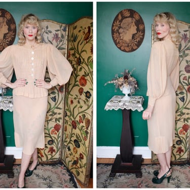 1930s Dress // Silk Chiffon Nude Bishop Sleeve Dress // vintage 30s dress 