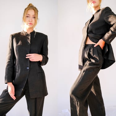 Vintage 80s Giorgio Armani Charcoal Black Linen Mandarin Collar Pant Suit | Made in Italy | 100% Linen | 1980s Armani Designer Bohemian Suit 
