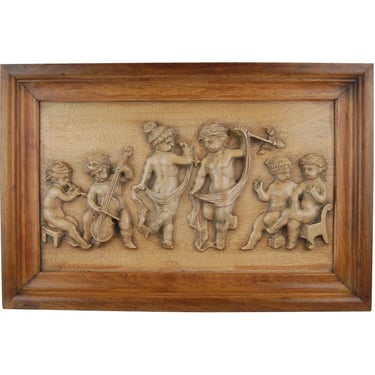Vintage Carved Wood Panel Bas-Relief Plaque Cherubs Putti Dancing 