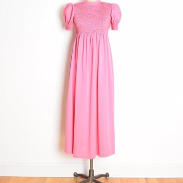 vintage 70s dress pink smocked puff sleeve babydoll kinderwhore lolita maxi S 