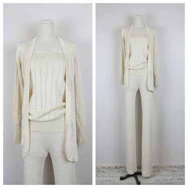 Vintage 1970s knit pants set, 3 piece, metallic, high waist, cardigan, s-m 