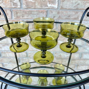 Mid Century Modern Set of Four Colony Richmond Green Champagne Coupe / Sherbet Glasses - Handmade Italian Blown Glass 
