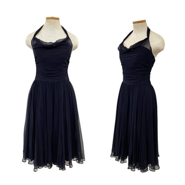 Vtg Vintage 1950s 50s Designer Ceil Chapman Pinup Bombshell Navy Party Dress 