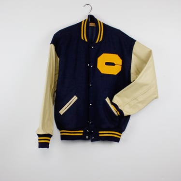 Vintage Wool Letterman Jacket, Leather Sleeves, C, Dark Navy Blue, Golden Yellow Letter and Stripes, Pale Yellow Sleeves - 42 