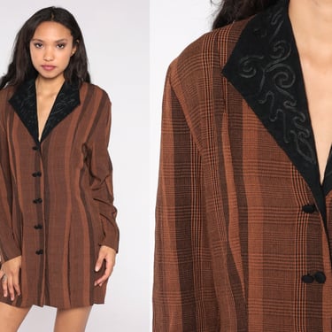 Bohemian Blazer 80s 90s Brown Striped Jacket Button Up Black Collar Soutache Coat 1980s Work Blazer Vintage Collared Medium Large 