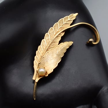 50's pearl and gold plate leaves & reed brooch, handsome mid-century abstract leaf pin 