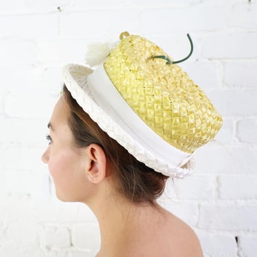 1960s Yellow & White Straw Hat | 60s Yellow Woven Raffia Straw Hat | Coralie 