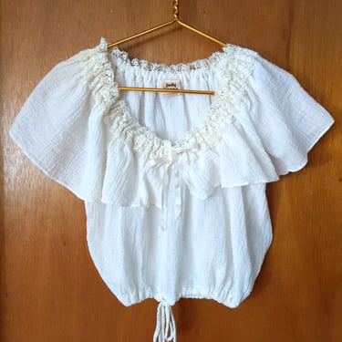 Adorable Vintage 70s 80s Natural Cotton Crop Top with Lacy Crochet Collar by Judy Knapp 
