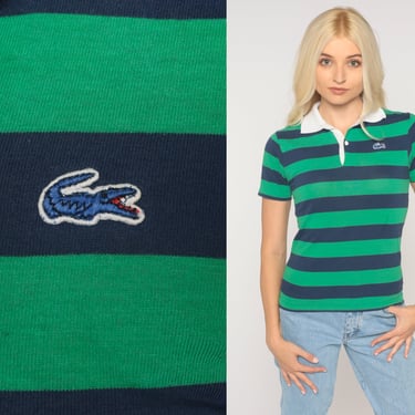 Lacoste Polo Shirt Green Blue Striped Shirt 80s Top Izod CROCODILE 1980s Vintage Retro Preppy Collar Shirt Extra Small xs 