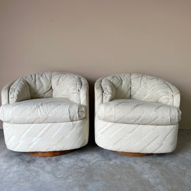 Mid-Century Milo Baughman - Style Barrel Back Swivel Lounge Chairs - a Pair 
