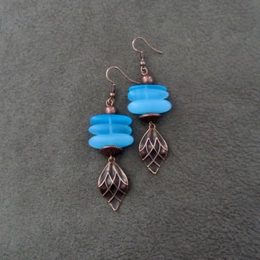 Sea glass earrings, African afrocentric earrings, tribal ethnic earrings, bold earrings, boho earrings, sky blue earrings, antique copper 2 