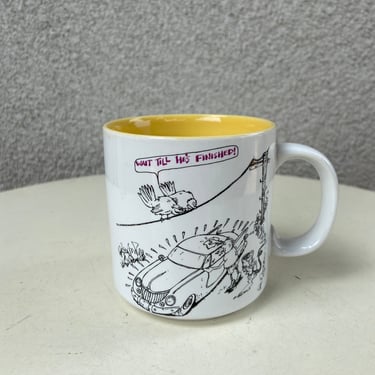 Vintage John Lamb’s kitsch coffee ceramic mug “ Wait Till He’s Finished “ bird humor on clean car holds 10 oz 