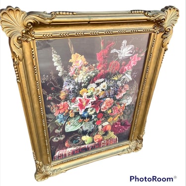Beautiful vintage framed print - flowers, bird’s nest, foliage 