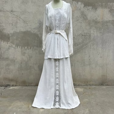 Antique Edwardian White Linen Dress Crochet Lace Mother Of Pearl Belt  Vintage