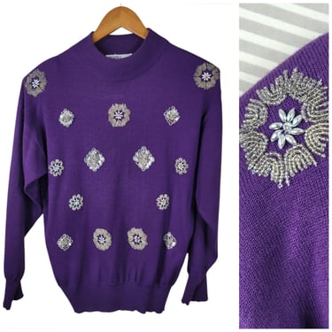 Vintage 80/90s Sequin Beaded Sweater Size Medium Embroidered Granny Purple 