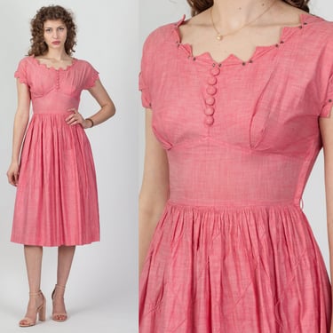 1950s Vicky Vaughn Pink Pointed Scalloped Neck Party Dress - Small | Vintage 50s Short Sleeve Fit & Flare Dress 