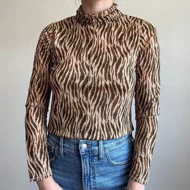 Vintage Womens 90s Y2K Tiger Striped Sheer Turtleneck Long Sleeve Blouse Sz M 