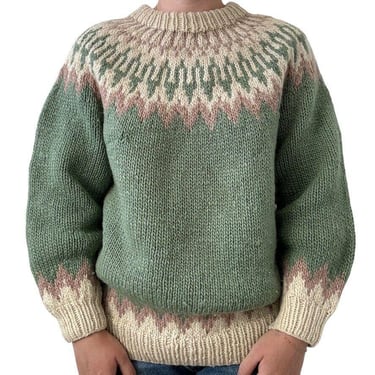 Vintage The Shetland Connection Hand Knit Green Chunky Wool Fair Isle Sweater 