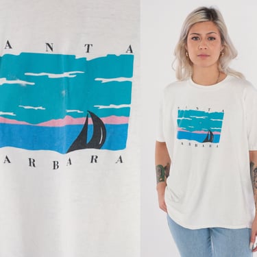 Santa Barbara Shirt 90s Beach Sailboat Graphic T Shirt Tourist California TShirt Single Stitch Boat Shirt Vintage 1990s Extra Large xl 