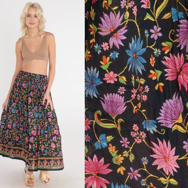 Indian Floral Skirt 90s Maxi Skirt Black Flower Print Broomstick Skirt High Drawstring Waist Flowy Long Festival Cotton Vintage 1990s Large 