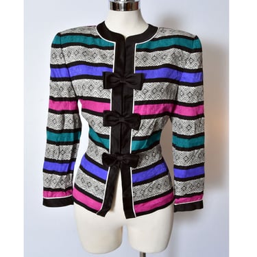 80's Papell SILK Suit Jacket, Colorful Stripes Vintage 1980's Dynasty style Bow Blouse Shirt 