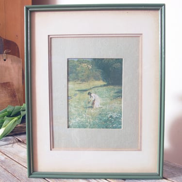 1900s print Girl in the Meadow by Hans Thoma / vintage girl in dress portrait / antique framed wall art / vintage art print / nature print 