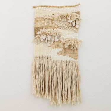 Wall Weaving / Hanging - Woven Tapestry - Ceramic Medallions - Cream, White - Raffia, Jute, Cotton - Boho Fiber Art - Handwoven Weave(V) 