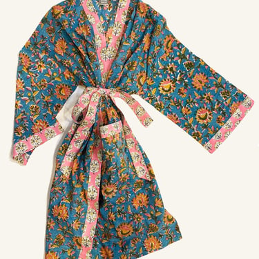 Hand Block Printed Cotton Kimono Robe, Lightweight Cotton Bathrobe, Dressing Gown, Wood Block Print, Midi Robe, Contrast Print Kimono 