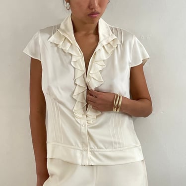 90s silk charmeuse blouse / vintage ivory silk charmeuse ruffle front cap sleeve blouse | Large 
