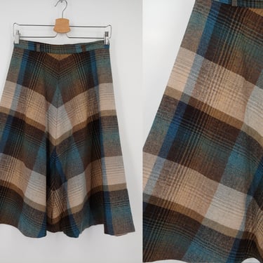 Vintage Seventies XS Plaid Wool A-Line Skirt - 70s Brown Blue Plaid Mid Length Midi Skirt 