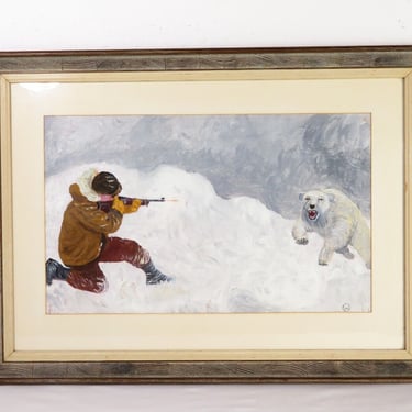 VTG Signed Oil Painting POLAR BEAR HUNTER MAN Wall Art ARCTIC WINTER SNOW Alaska