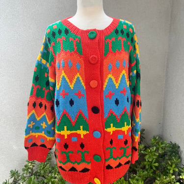 Vintage cotton sweater cardigan colorful hand knit Sz M by Kielo Dyson 