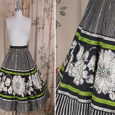 1950s Skirt - Vintage 50s Mexican Circle Skirt in Dramatic Black and White Floral with Chartreuse Accents Silver Sequins Volup AS IS 