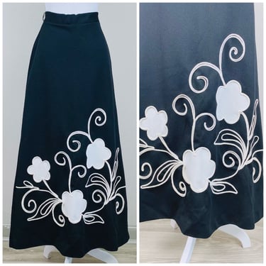 1970s Vintage Joyce Black and White Flower Maxi Skirt / 70s / Seventies Applique Floral High Waisted Polyester Skirt / Size Small 