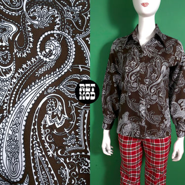 Groovy Vintage 60s 70s Brown & White Paisley Long Sleeve Button Down Collared Blouse 