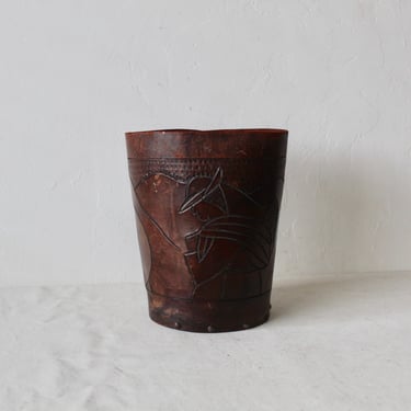 Handcrafted Distressed Leather Nailhead Carved Peruvian Souvenir Wastebasket Vintage 