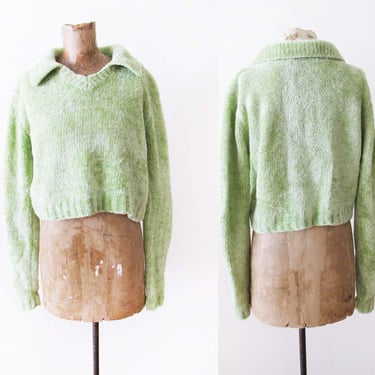 Vintage Y2K Fuzzy Chenille Cropped Sweater M - 2000s Light Green Collared Shaggy Knit Long Sleeve Top 